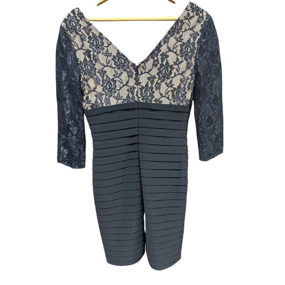 Adrianna Papell Dress Lace Black Nude Tiered 3/4 Sleeves 6 Elegant Holiday Party - Picture 3 of 12